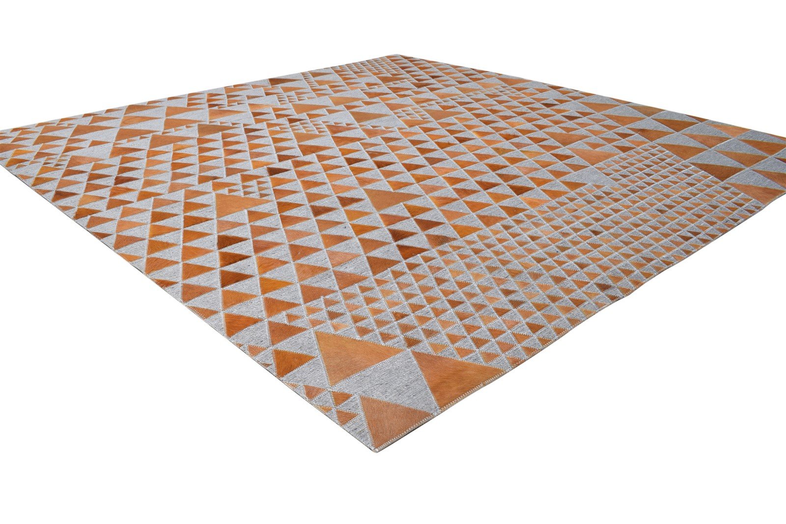 Hand Woven Brown Leather / Cotton Rug 6X6 Modern Scandinavian Triangles Large 7864938037397
