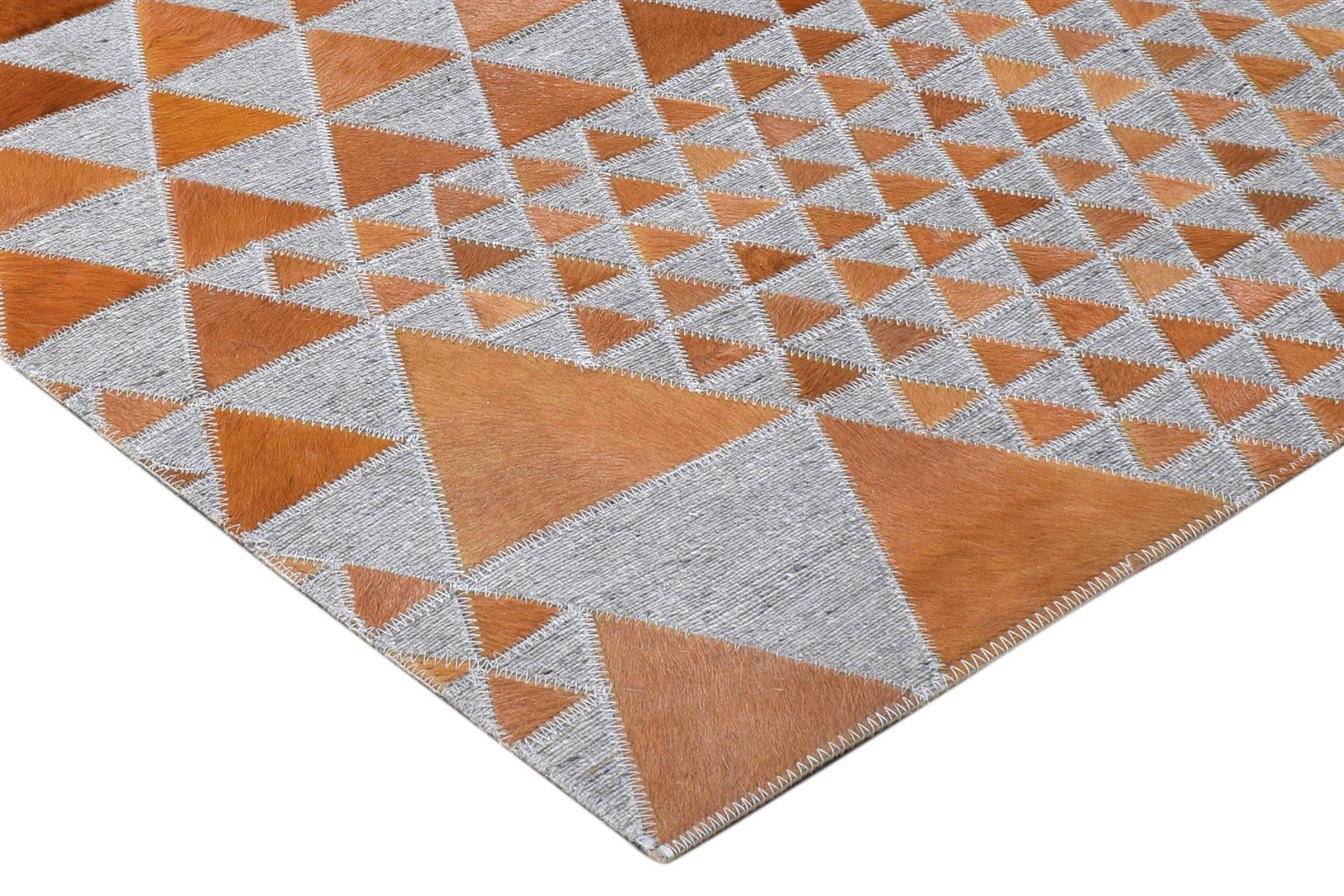 Hand Woven Brown Leather / Cotton Rug 6X6 Modern Scandinavian Triangles Large 7864938037397