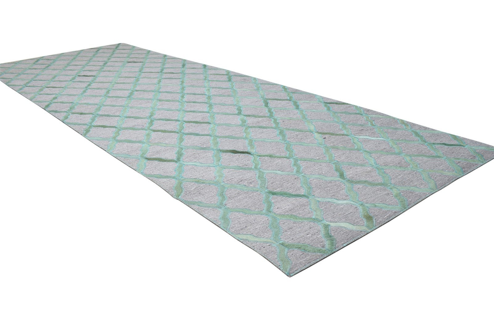 Hand Woven Green Leather / Cotton Rug 3X9 Modern Moroccan Trellis Room Size 7864435310741