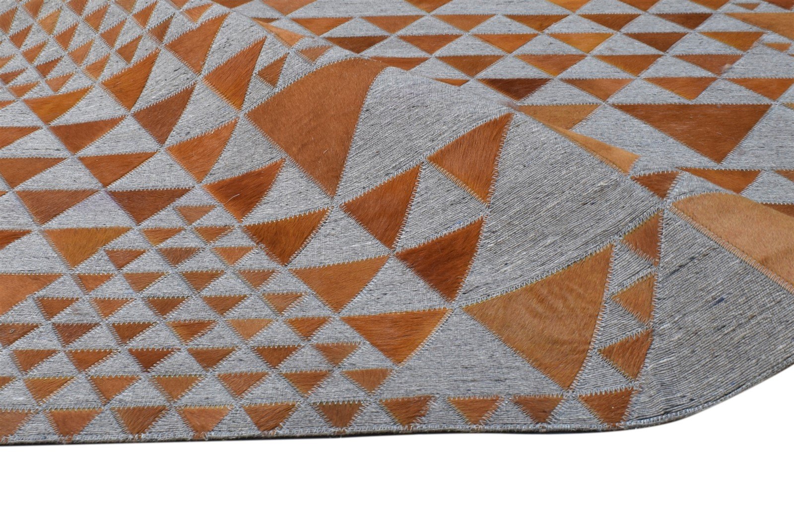 Hand Woven Rust Leather / Cotton Rug 5X8 Modern Scandinavian Triangles Room Size 7864948850837