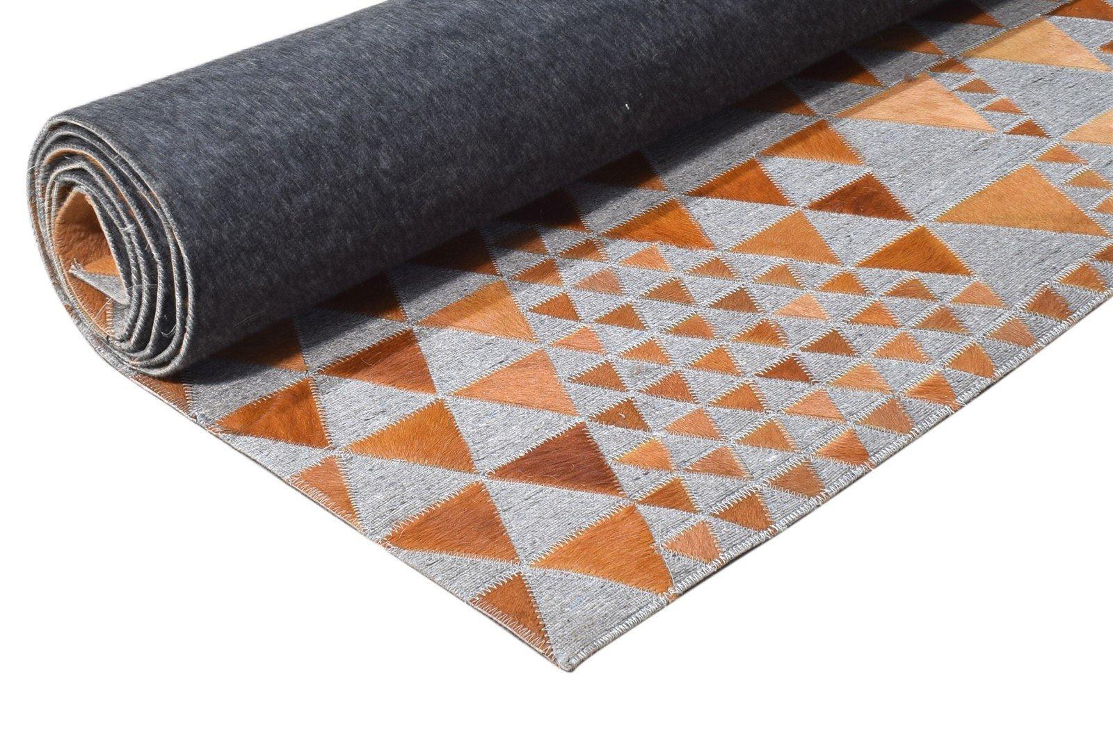 Hand Woven Rust Leather / Cotton Rug 5X8 Modern Scandinavian Triangles Room Size 7864948850837