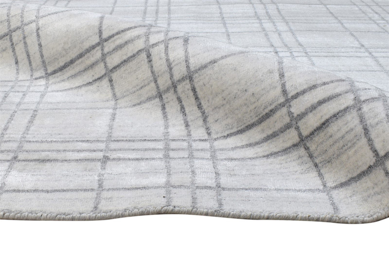 Handloom Silver Wool Silk Rug 8' X 10' Modern Scandinavian Plaids Large Carpet 7864400445589