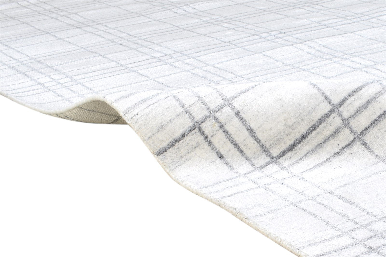 Handloom Silver Wool Silk Rug 8' X 10' Modern Scandinavian Plaids Large Carpet 7864400445589
