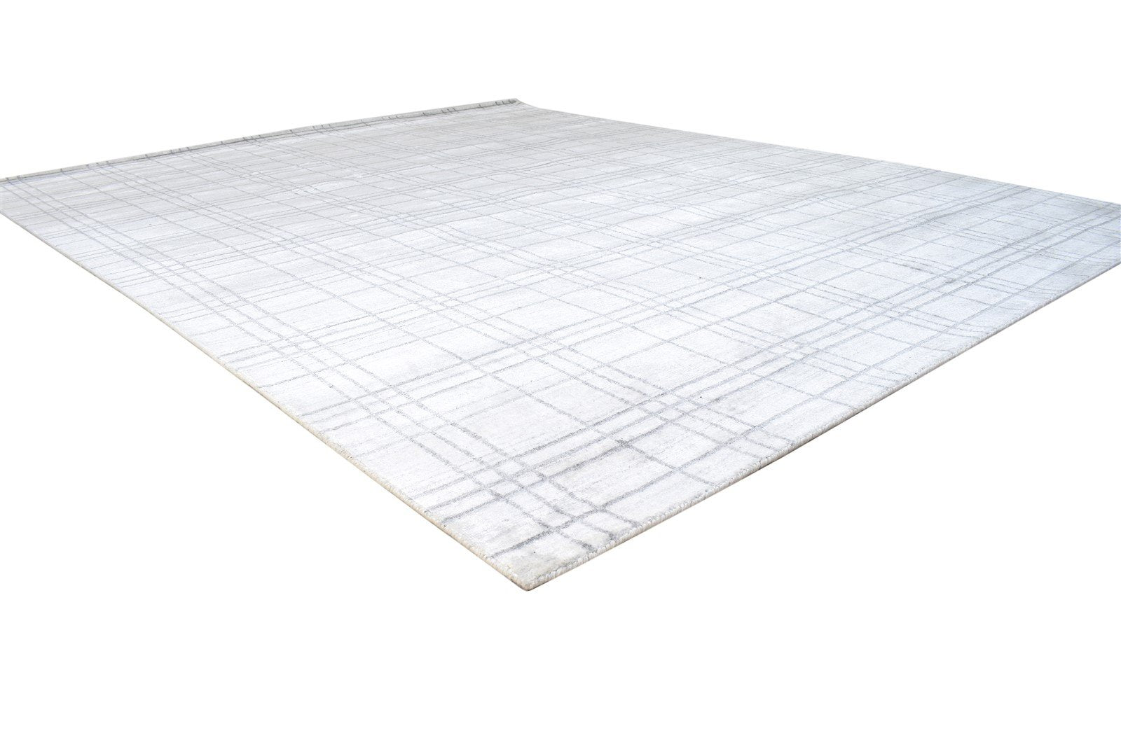 Handloom Silver Wool Silk Rug 8' X 10' Modern Scandinavian Plaids Large Carpet 7864400445589