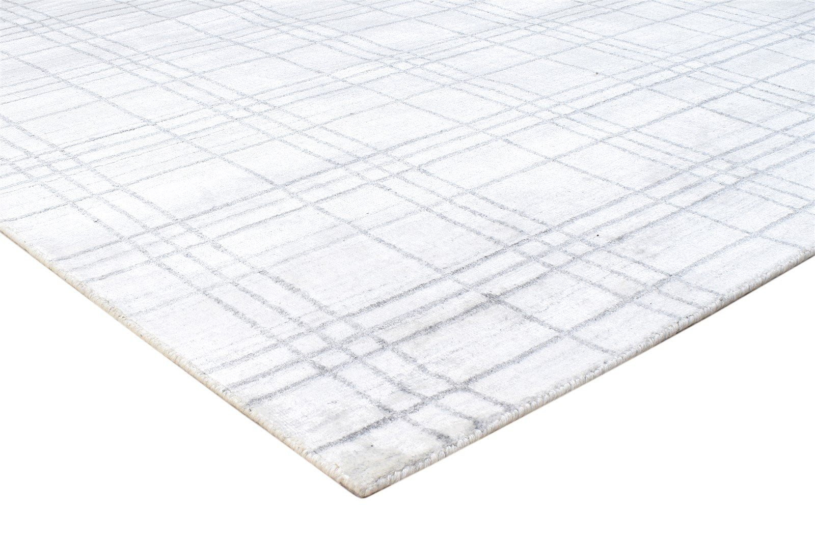 Handloom Silver Wool Silk Rug 8' X 10' Modern Scandinavian Plaids Large Carpet 7864400445589