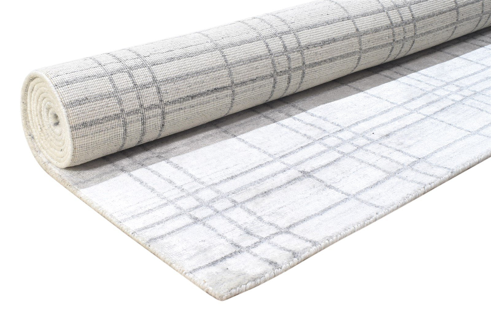 Handloom Silver Wool Silk Rug 8' X 10' Modern Scandinavian Plaids Large Carpet 7864400445589