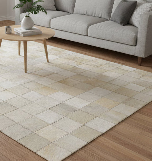 Helli Ivory Handmade Leather Checkerboard Rug | Modern Checkered Patchwork Cowhide Area Rug 7864582766741