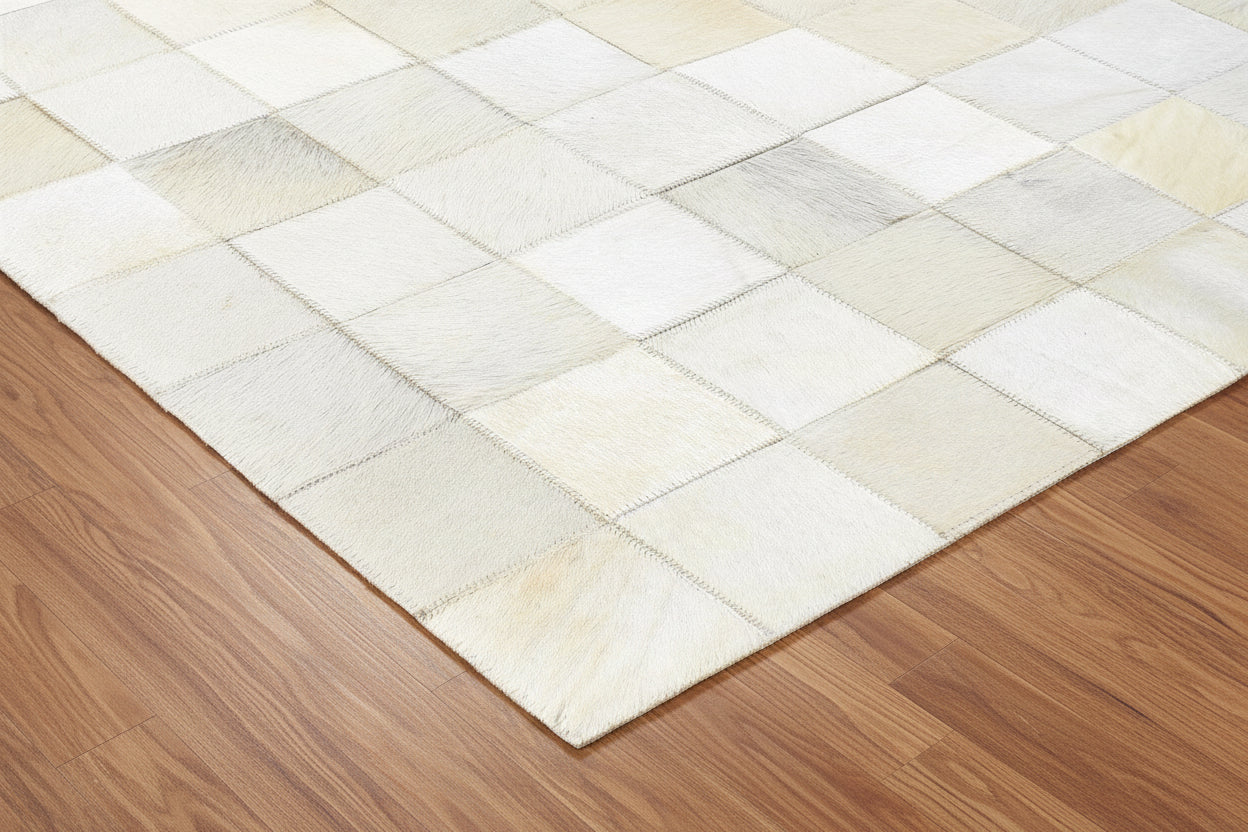 Helli Ivory Handmade Leather Checkerboard Rug | Modern Checkered Patchwork Cowhide Area Rug 7864582766741