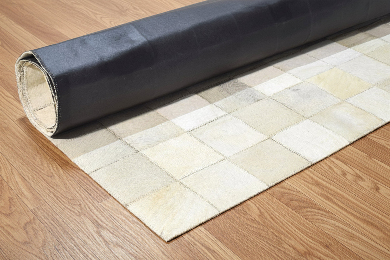 Helli Ivory Handmade Leather Checkerboard Rug | Modern Checkered Patchwork Cowhide Area Rug 7864582766741