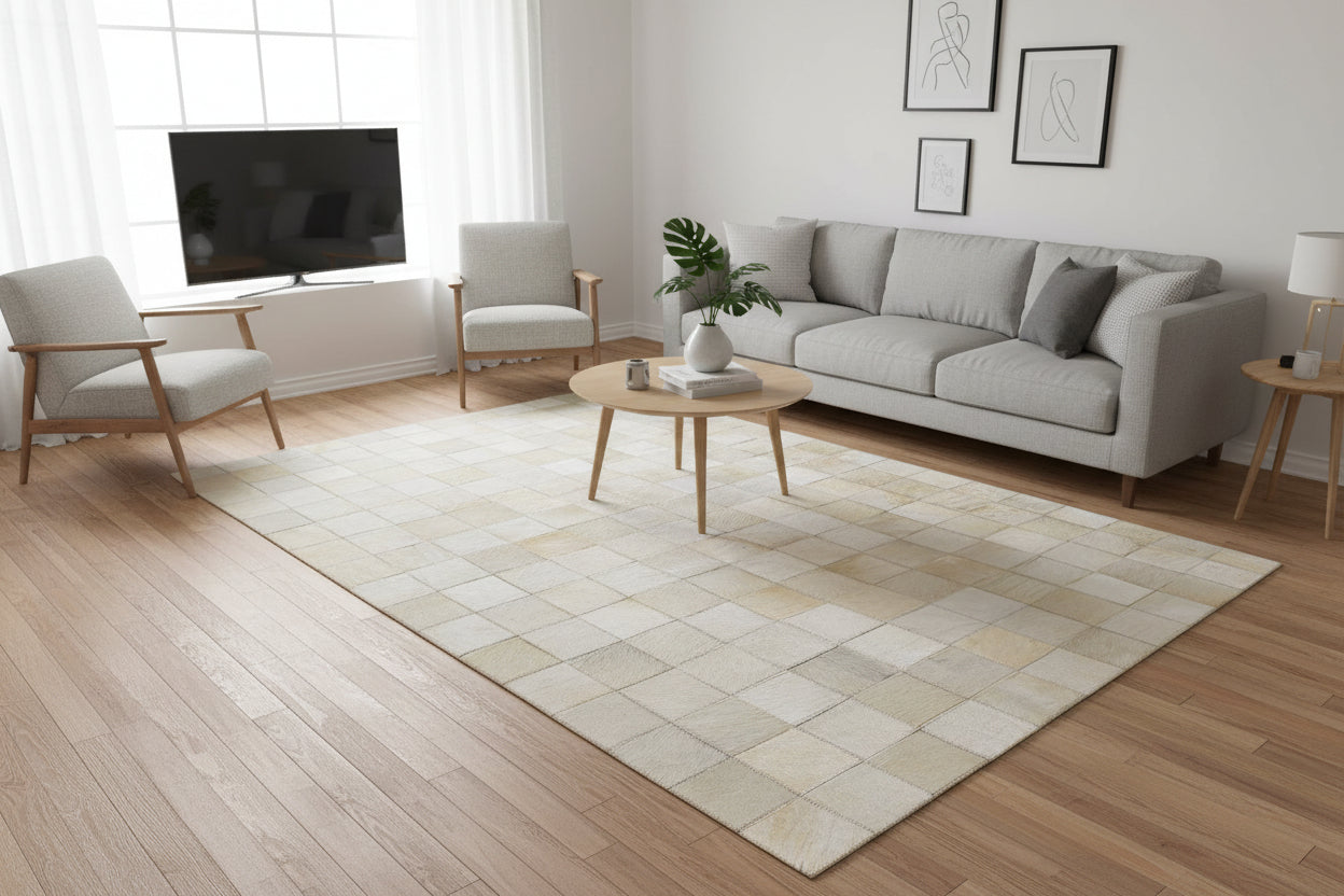 Helli Ivory Handmade Leather Checkerboard Rug | Modern Checkered Patchwork Cowhide Area Rug 7864582766741