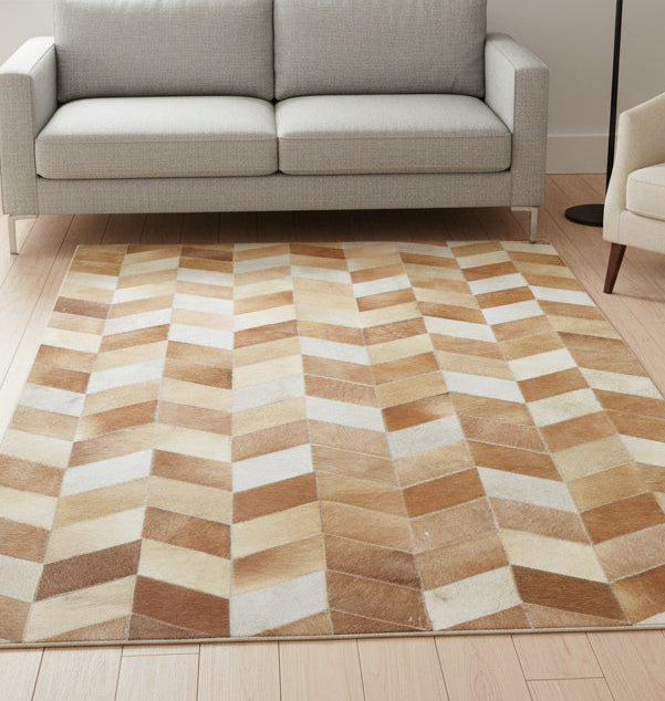 Hephzibah Handmade Brown Patchwork Leather Rug - Modern Stitched Cowhide Rug 9065157263509