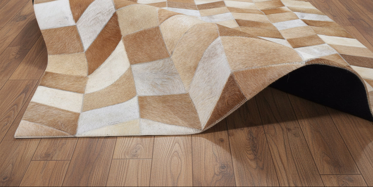 Hephzibah Handmade Brown Patchwork Leather Rug - Modern Stitched Cowhide Rug 9065157263509