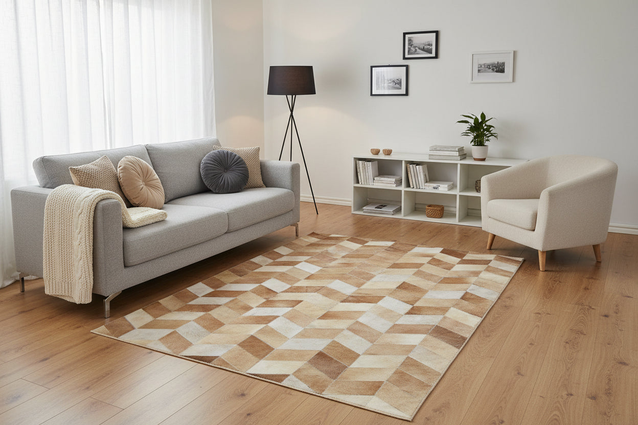 Hephzibah Handmade Brown Patchwork Leather Rug - Modern Stitched Cowhide Rug 9065157263509