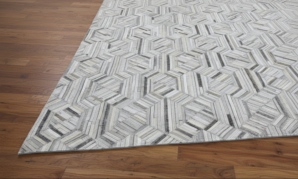 Honeycomb Leather Handmade Gray Rug | Scandinavian Patchwork Cowhide Area Rug 9061005623445
