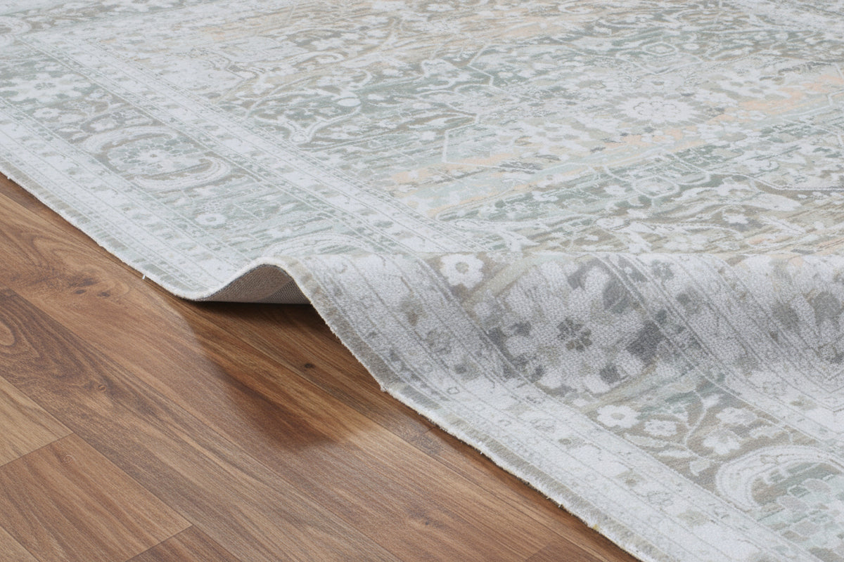 Ilaria Handmade Medallion Sage Green Area Rug – Modern Vintage Distressed Persian Style 9175418175637