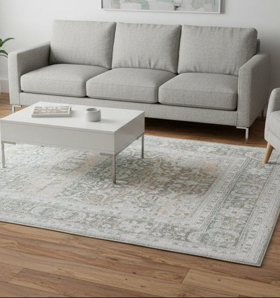 Ilaria Handmade Medallion Sage Green Area Rug – Modern Vintage Distressed Persian Style 9175418175637