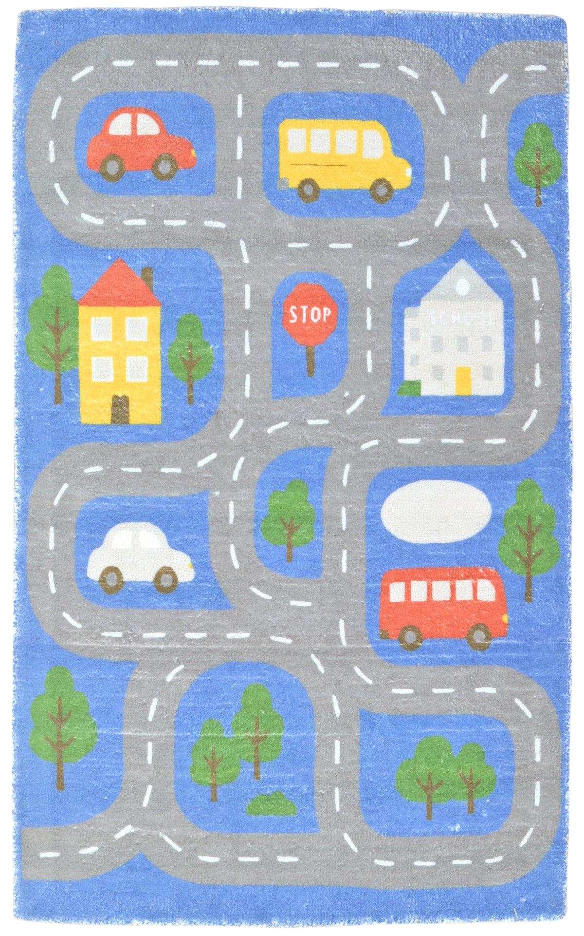 Illustrative Cityscape Handmade Blue Nursery Rug – Interactive Map Area Rug 9126175146133