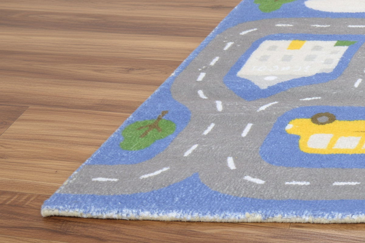 Illustrative Cityscape Handmade Blue Nursery Rug – Interactive Map Area Rug 9126175146133
