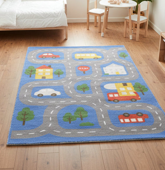 Illustrative Cityscape Handmade Blue Nursery Rug – Interactive Map Area Rug 9126175146133