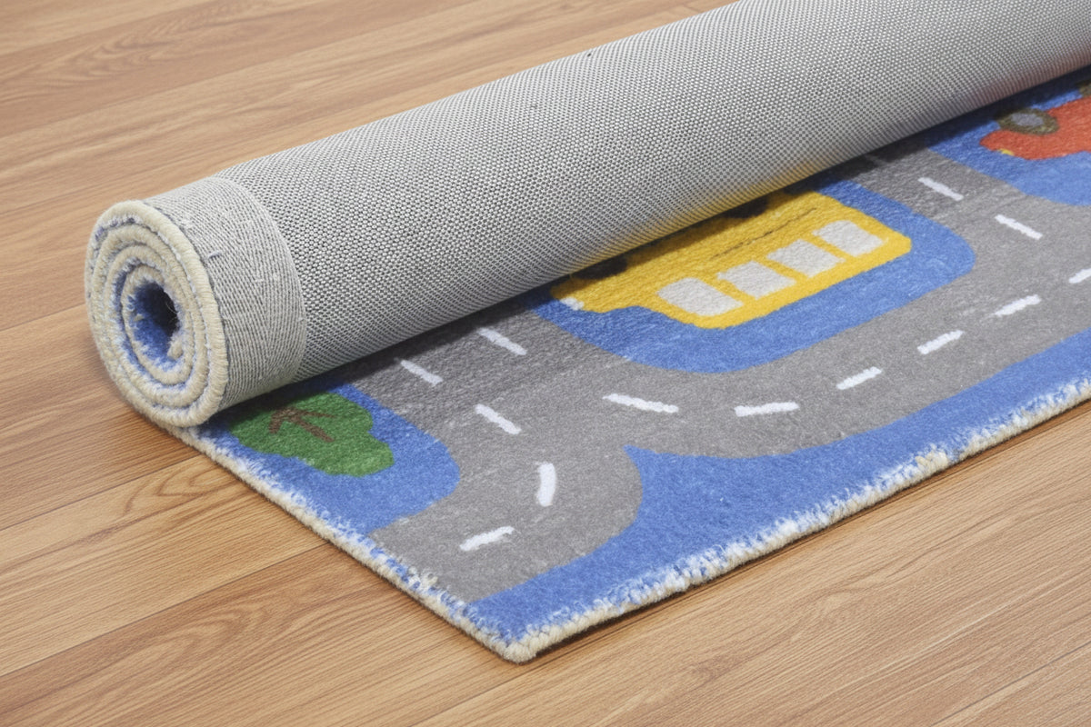 Illustrative Cityscape Handmade Blue Nursery Rug – Interactive Map Area Rug 9126175146133