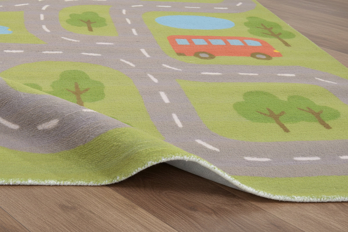 Illustrative Cityscape Handmade Green Nursery Rug – Interactive Map Area Rug 9122704523413