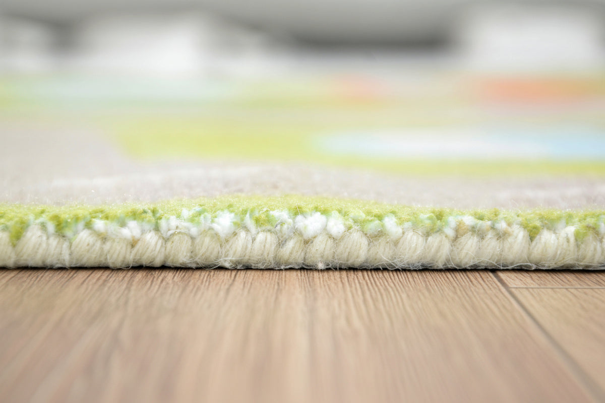 Illustrative Cityscape Handmade Green Nursery Rug – Interactive Map Area Rug 9122704523413