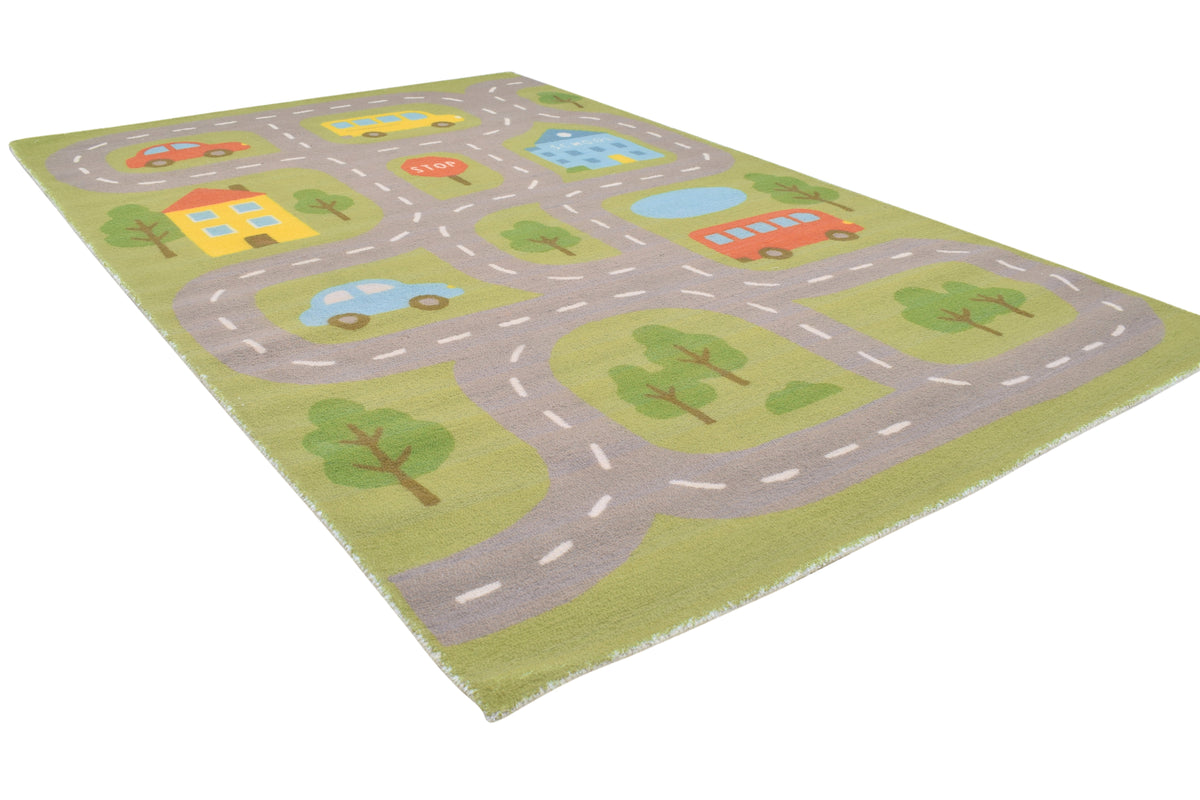 Illustrative Cityscape Handmade Green Nursery Rug – Interactive Map Area Rug 9122704523413