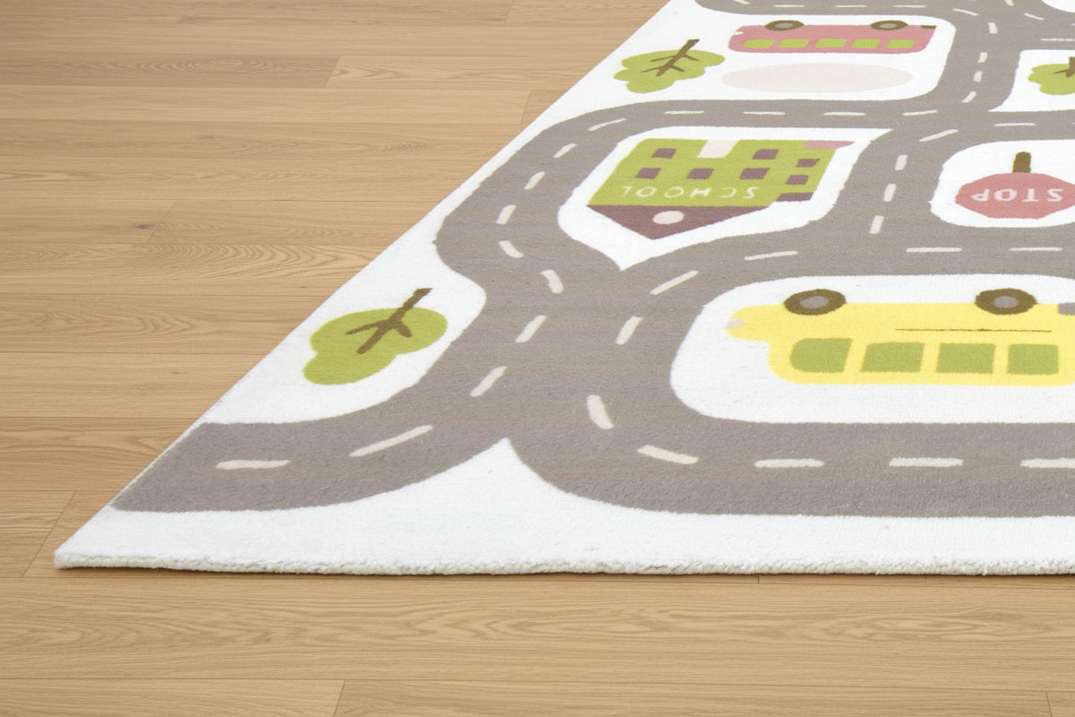 Illustrative Cityscape Handmade Off White Nursery Rug – Interactive Map Area Rug 9124912726165