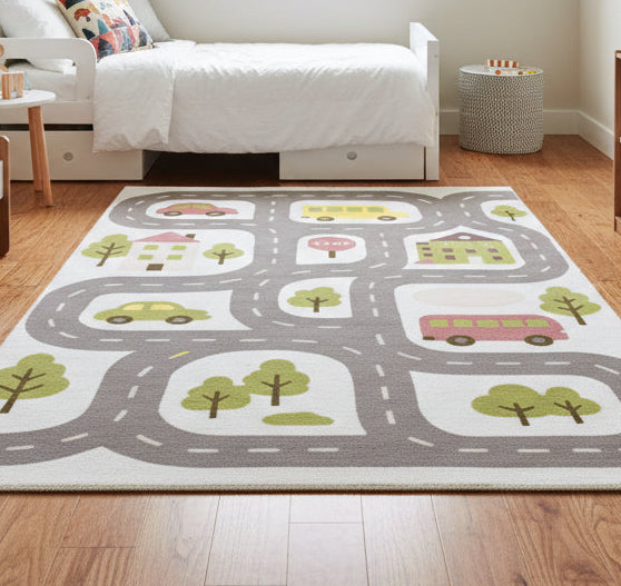 Illustrative Cityscape Handmade Off White Nursery Rug – Interactive Map Area Rug 9124912726165