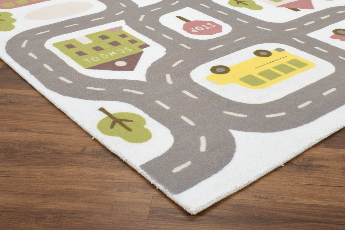 Illustrative Cityscape Handmade Off White Nursery Rug – Interactive Map Area Rug 9124912726165