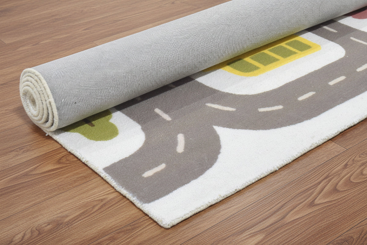 Illustrative Cityscape Handmade Off White Nursery Rug – Interactive Map Area Rug 9124912726165