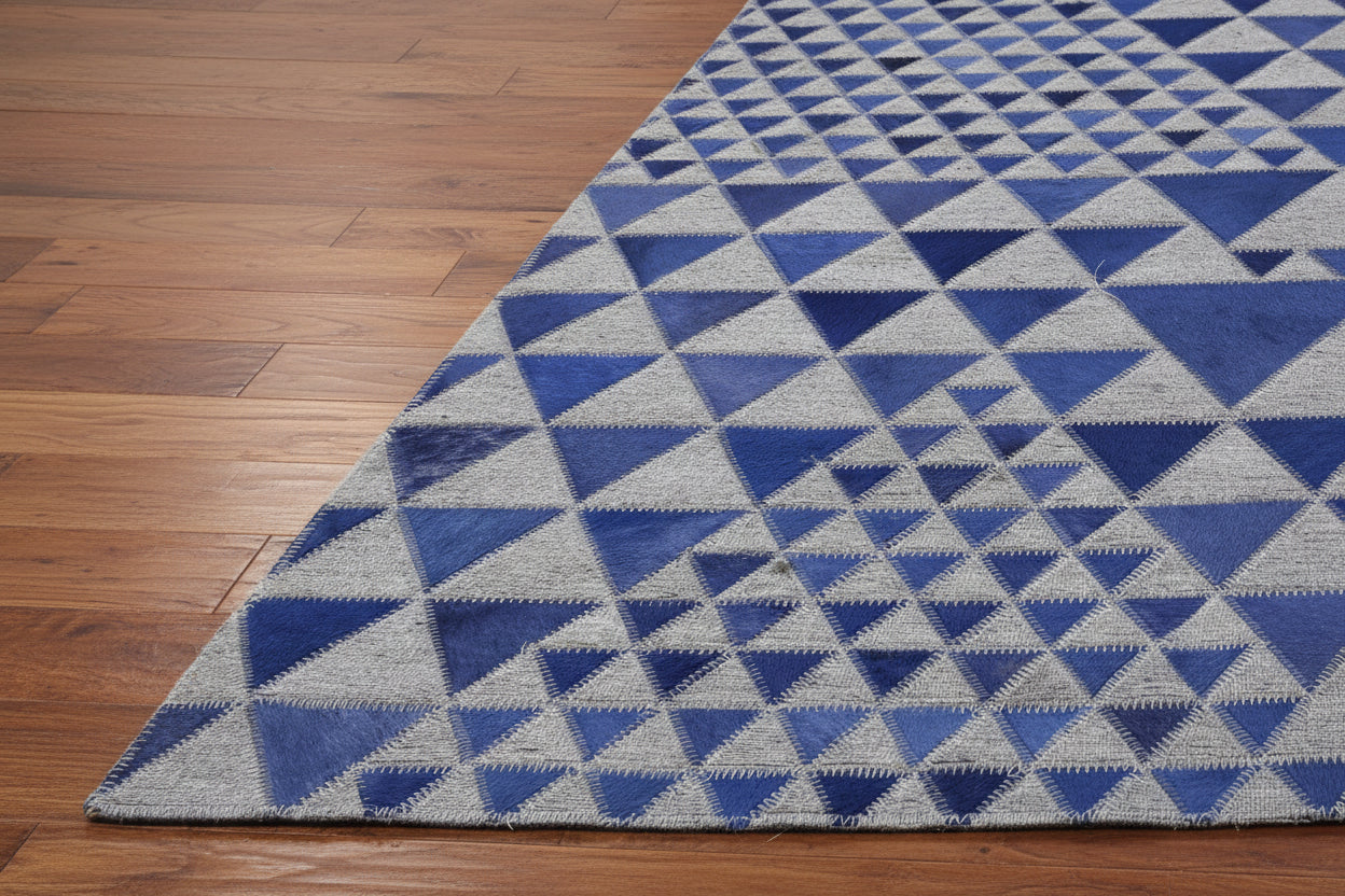 Jackquelin Blue Leather / Cotton Rug 5X8 Modern Hand Woven Scandinavian Triangles 7864947802261