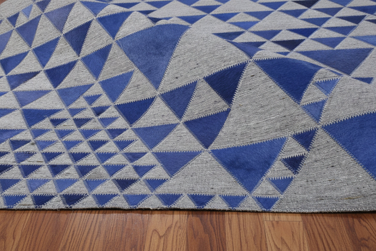 Jackquelin Blue Leather / Cotton Rug 5X8 Modern Hand Woven Scandinavian Triangles 7864947802261