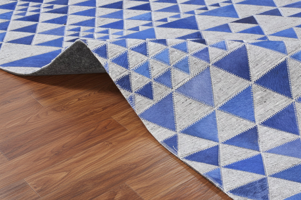 Jackquelin Blue Leather / Cotton Rug 5X8 Modern Hand Woven Scandinavian Triangles 7864947802261