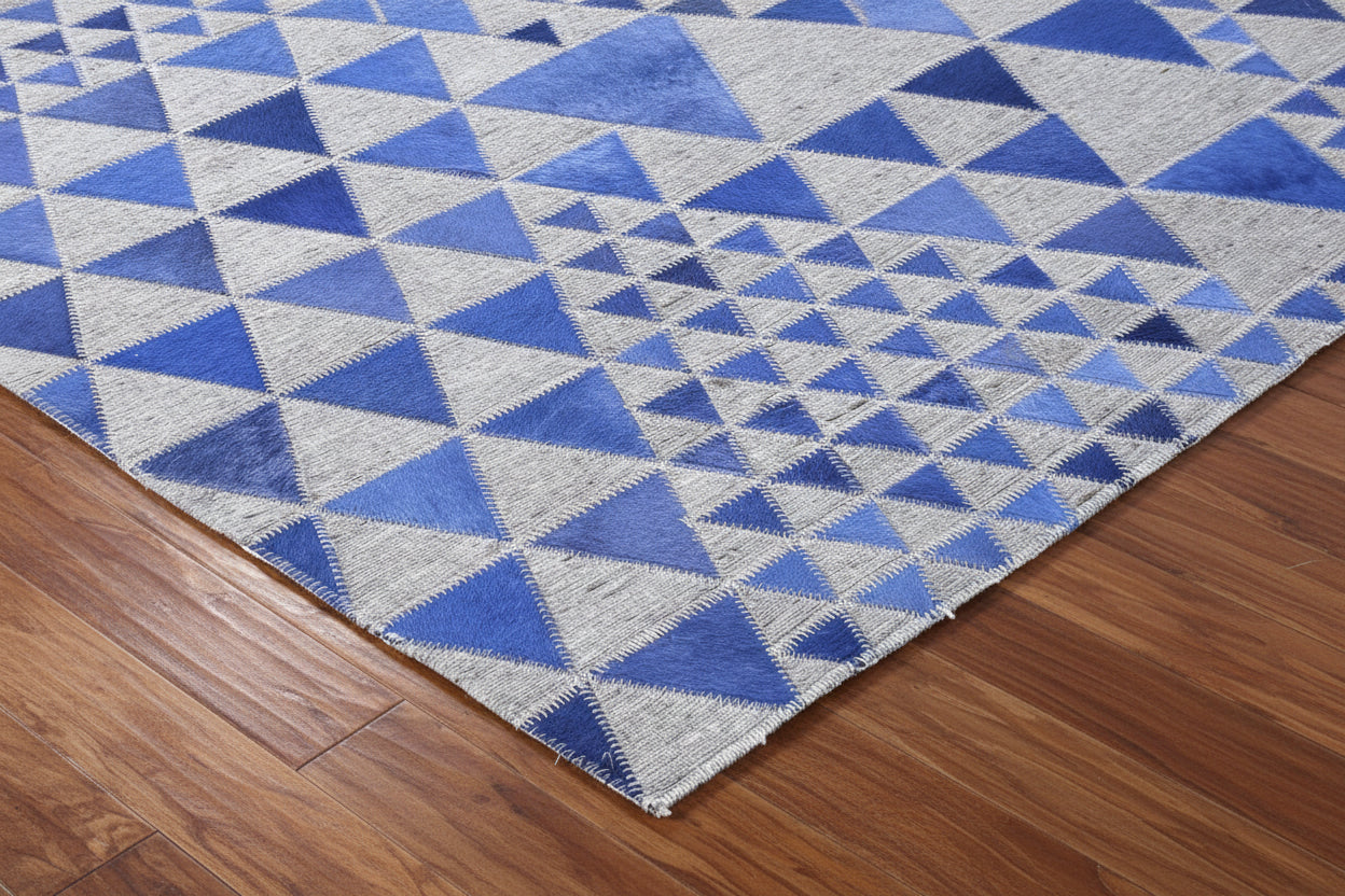 Jackquelin Blue Leather / Cotton Rug 5X8 Modern Hand Woven Scandinavian Triangles 7864947802261