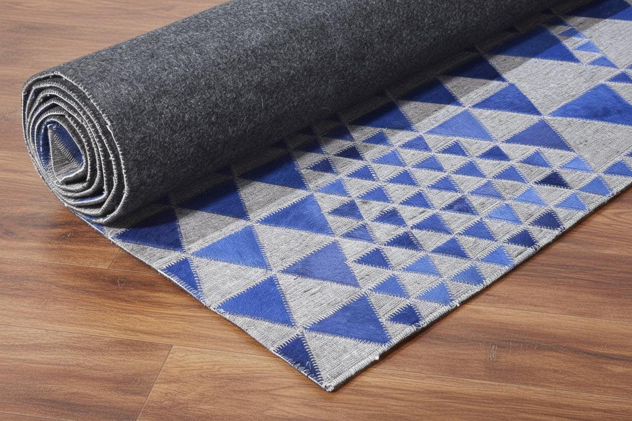 Jackquelin Blue Leather / Cotton Rug 5X8 Modern Hand Woven Scandinavian Triangles 7864947802261