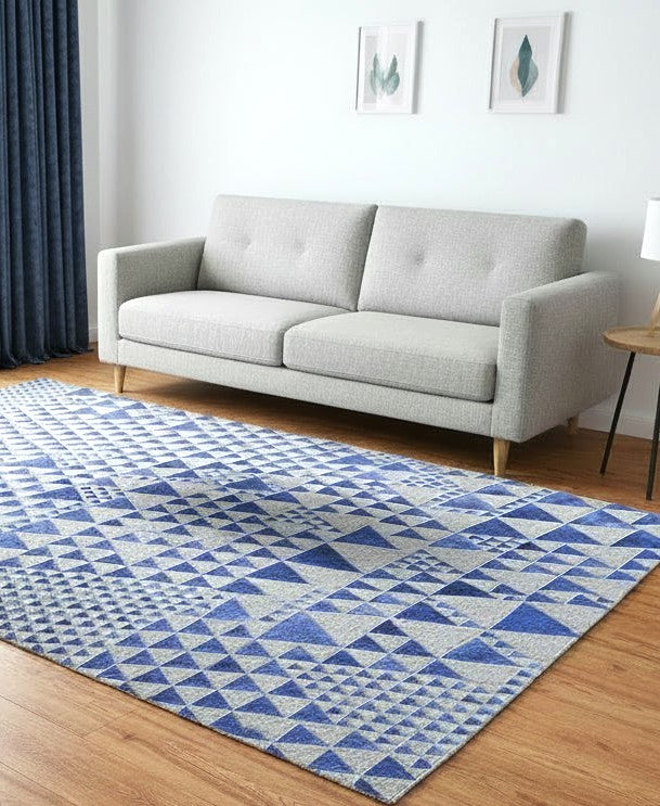 Jackquelin Blue Leather / Cotton Rug 5X8 Modern Hand Woven Scandinavian Triangles 7864947802261