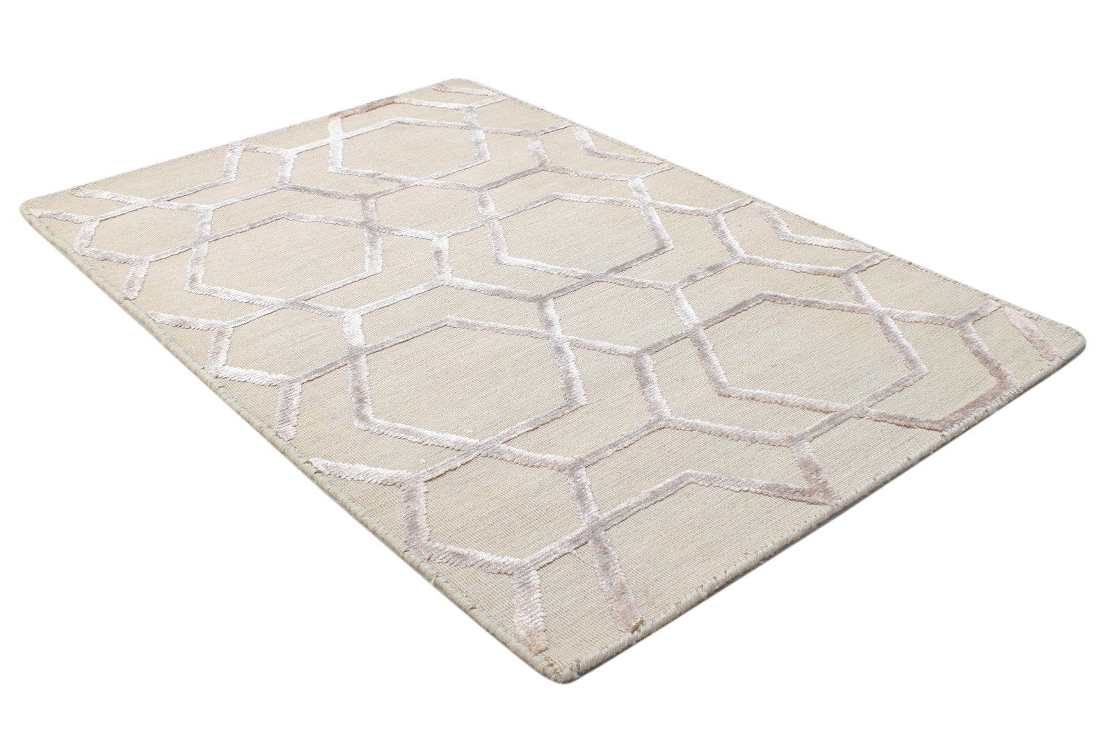 Jacquard Loom Beige Wool Silk Rug 2X3 Modern Scandinavian Geometric Small 7864148557973