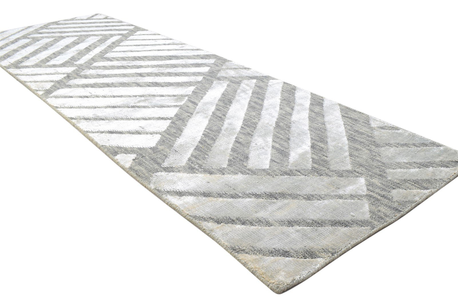 Jacquard Loom Grey Wool Silk Rug 2X7 Modern Scandinavian Geometric Small Runner 7864148000917
