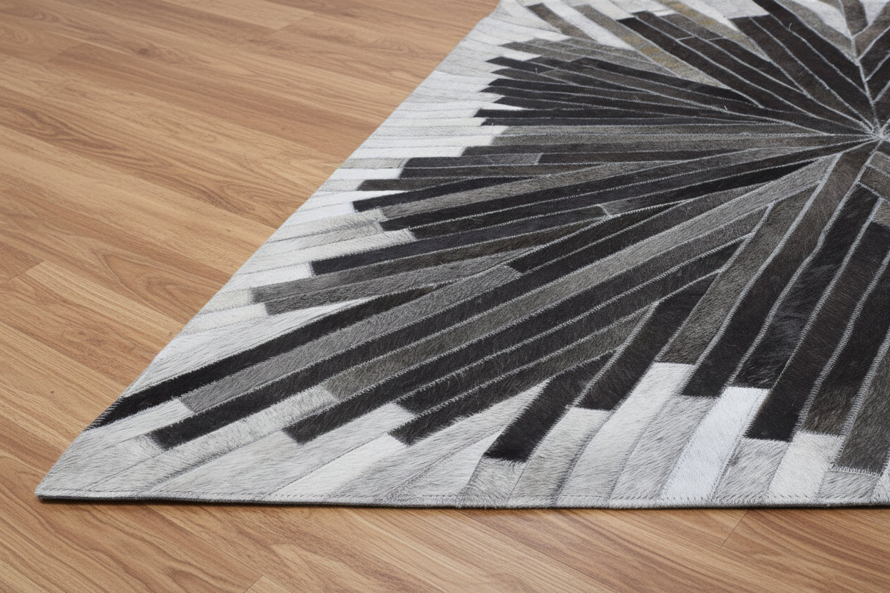 Jami Gray Charcoal Sunburst Handmade Leather Rug | Patchwork Abstract Cowhide Area Rug 7864502190229
