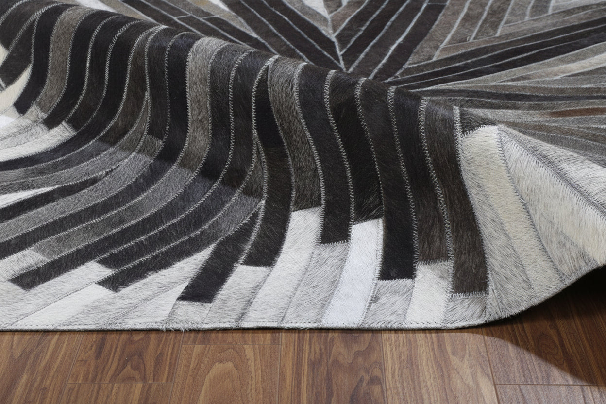 Jami Gray Charcoal Sunburst Handmade Leather Rug | Patchwork Abstract Cowhide Area Rug 7864502190229