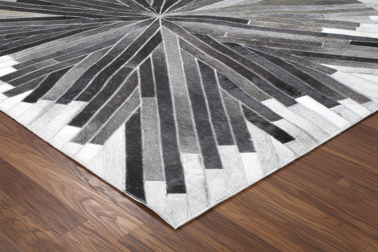 Jami Gray Charcoal Sunburst Handmade Leather Rug | Patchwork Abstract Cowhide Area Rug 7864502190229