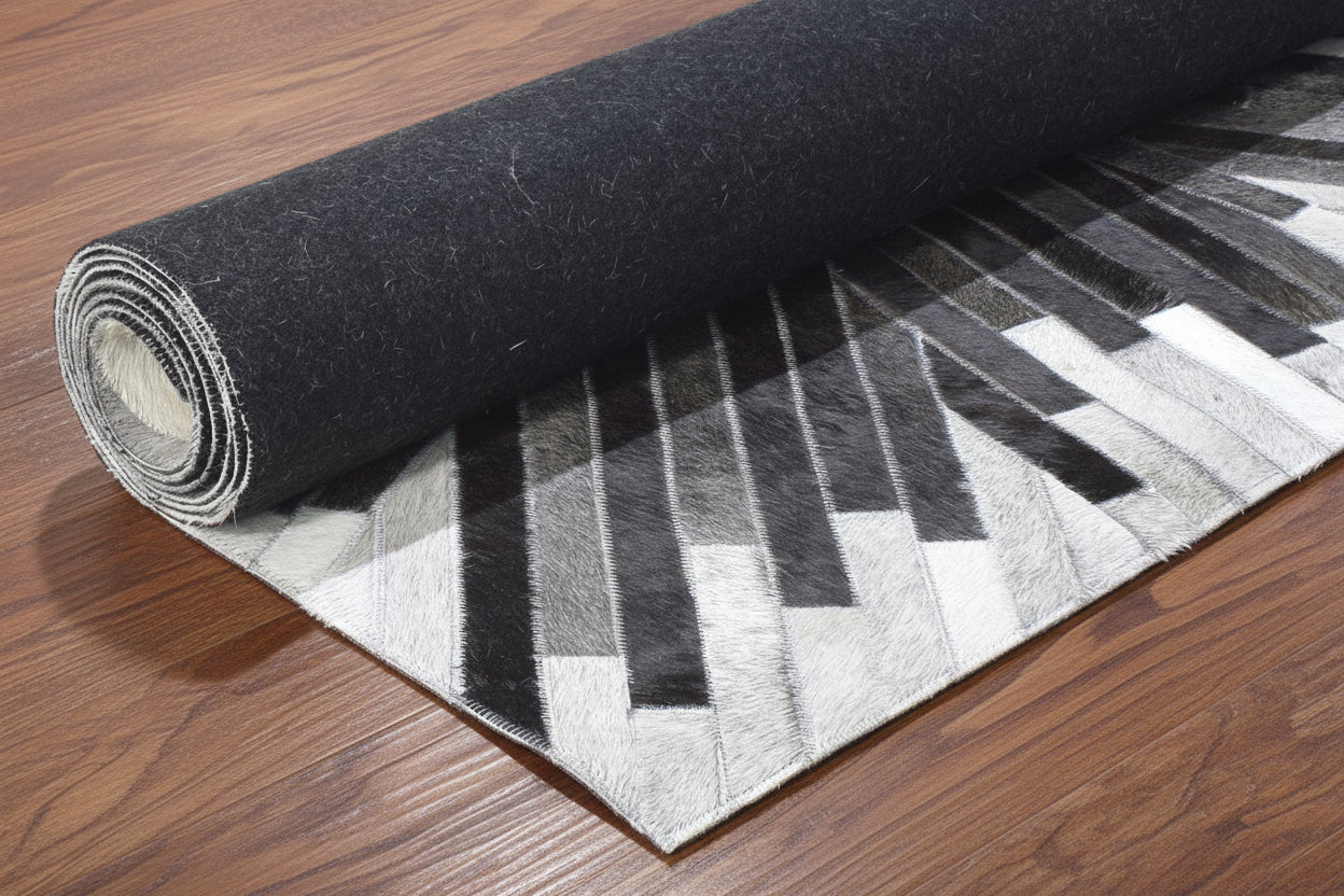 Jami Gray Charcoal Sunburst Handmade Leather Rug | Patchwork Abstract Cowhide Area Rug 7864502190229