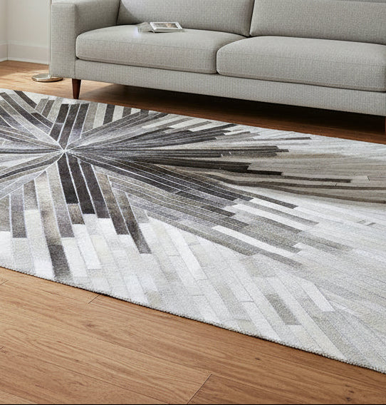 Jami Gray Charcoal Sunburst Handmade Leather Rug | Patchwork Abstract Cowhide Area Rug 7864502190229