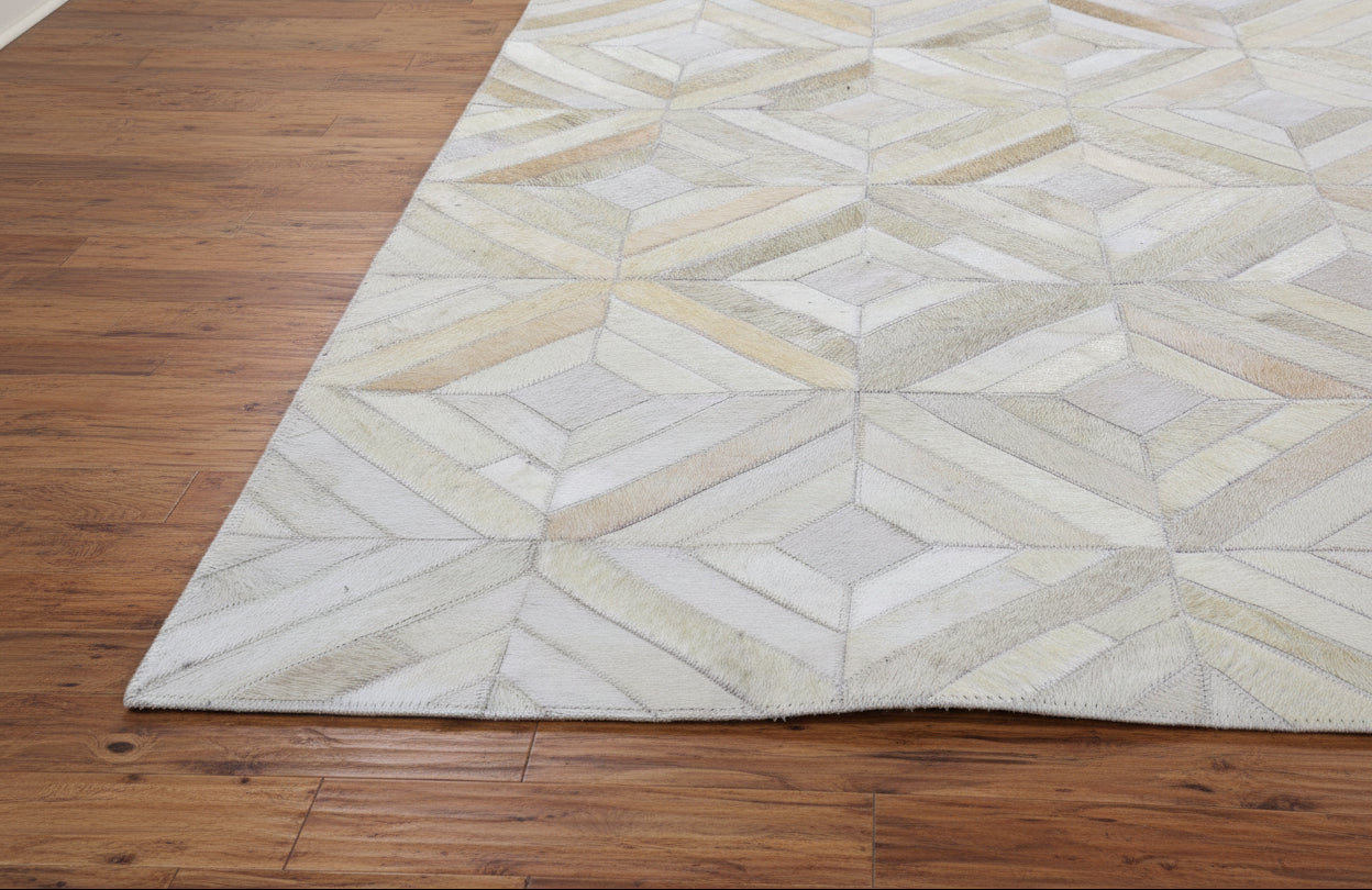 Jannel Handmade Off White Leather Rug - Modern Hand Woven Scandinavian Geometric 7864252530837
