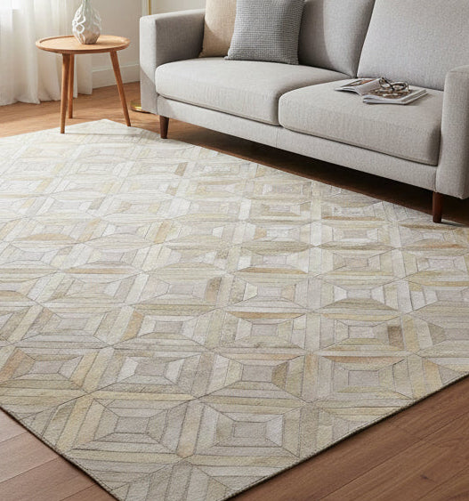 Jannel Handmade Off White Leather Rug - Modern Hand Woven Scandinavian Geometric 7864252530837