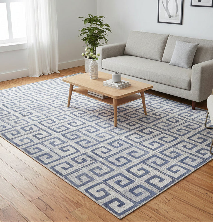 Jasmin Handmade Blue Leather Rug Modern Hand Woven Moroccan Geometric 7864784093333