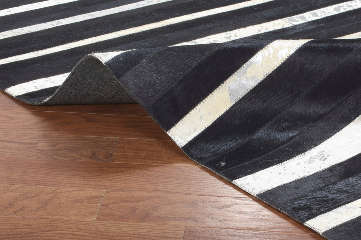 Jilleen Handmade Black Striped Leather Rug | Modern Patchwork Cowhide Rug 7864432328853
