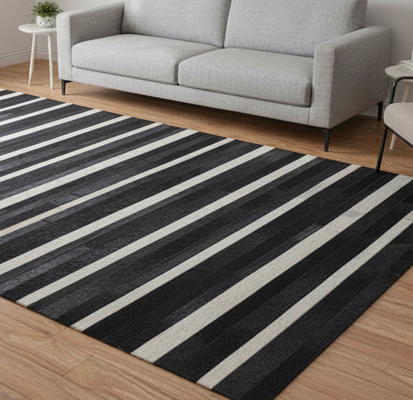 Jilleen Handmade Black Striped Leather Rug | Modern Patchwork Cowhide Rug 7864432328853
