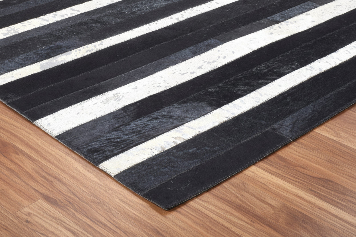 Jilleen Handmade Black Striped Leather Rug | Modern Patchwork Cowhide Rug 7864432328853